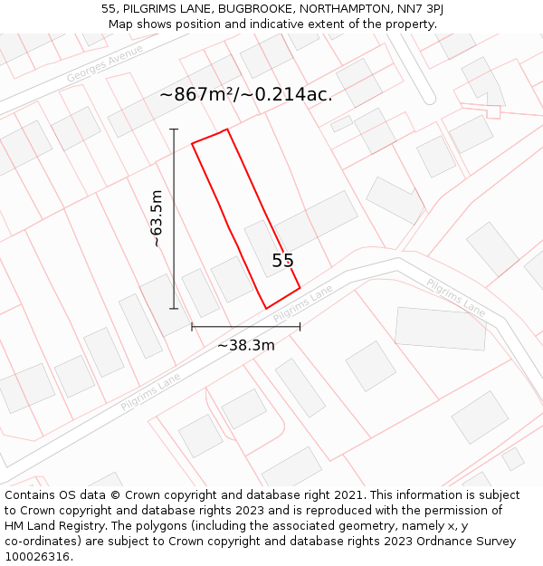 55, PILGRIMS LANE, BUGBROOKE, NORTHAMPTON, NN7 3PJ: Plot and title map