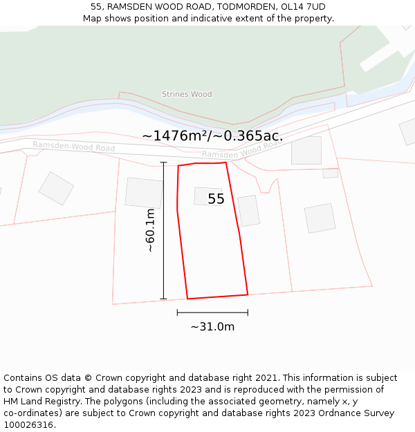 55, RAMSDEN WOOD ROAD, TODMORDEN, OL14 7UD: Plot and title map