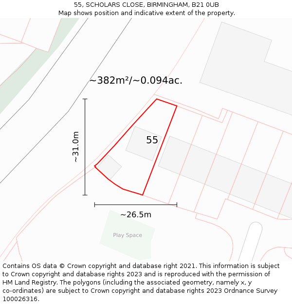 55, SCHOLARS CLOSE, BIRMINGHAM, B21 0UB: Plot and title map