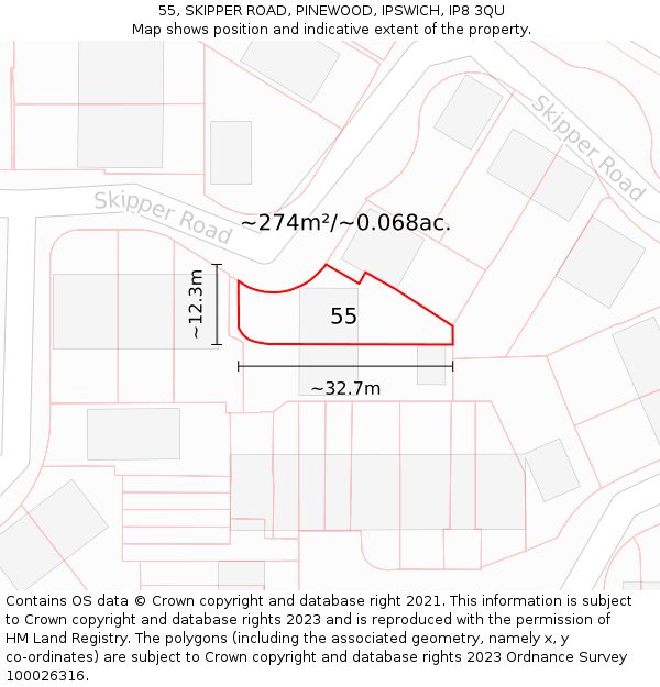 55, SKIPPER ROAD, PINEWOOD, IPSWICH, IP8 3QU: Plot and title map