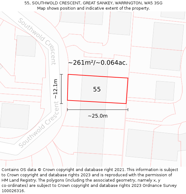 55, SOUTHWOLD CRESCENT, GREAT SANKEY, WARRINGTON, WA5 3SG: Plot and title map