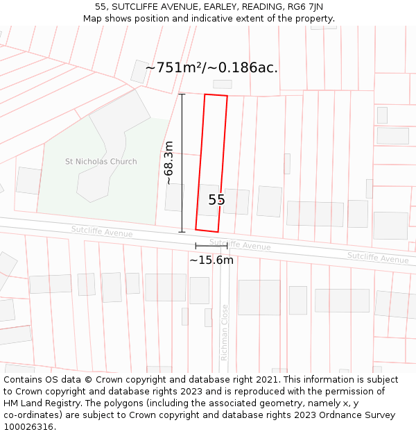 55, SUTCLIFFE AVENUE, EARLEY, READING, RG6 7JN: Plot and title map