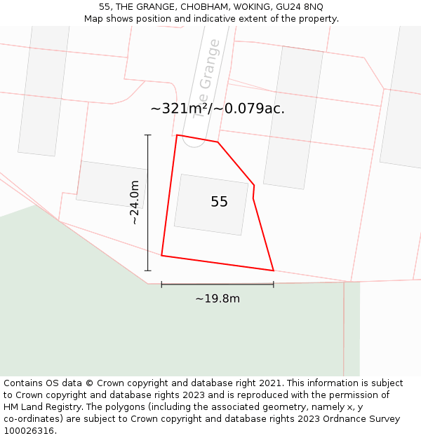 55, THE GRANGE, CHOBHAM, WOKING, GU24 8NQ: Plot and title map