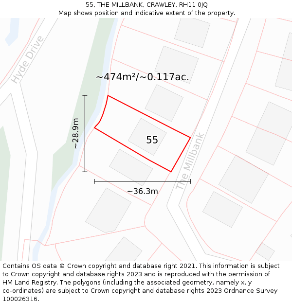 55, THE MILLBANK, CRAWLEY, RH11 0JQ: Plot and title map