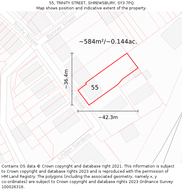 55, TRINITY STREET, SHREWSBURY, SY3 7PQ: Plot and title map