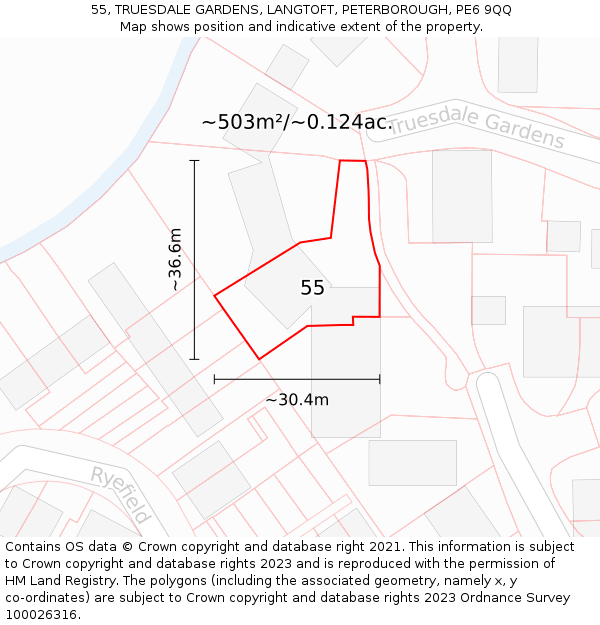 55, TRUESDALE GARDENS, LANGTOFT, PETERBOROUGH, PE6 9QQ: Plot and title map