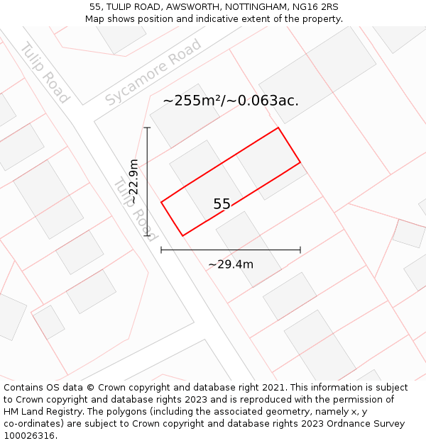 55, TULIP ROAD, AWSWORTH, NOTTINGHAM, NG16 2RS: Plot and title map