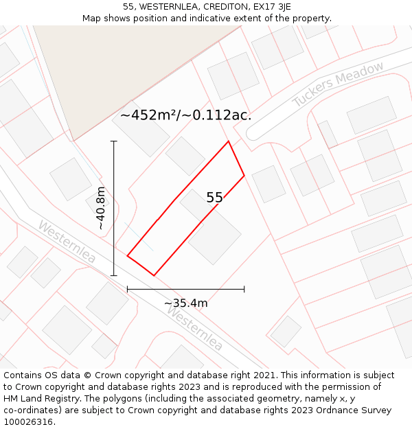 55, WESTERNLEA, CREDITON, EX17 3JE: Plot and title map