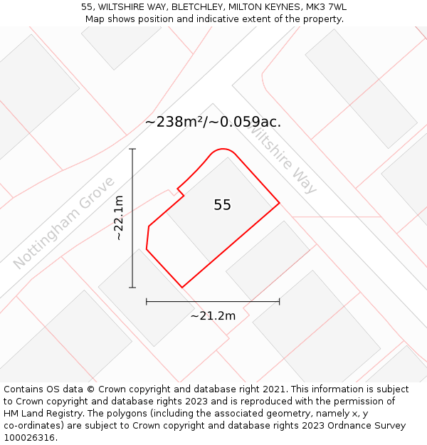 55, WILTSHIRE WAY, BLETCHLEY, MILTON KEYNES, MK3 7WL: Plot and title map