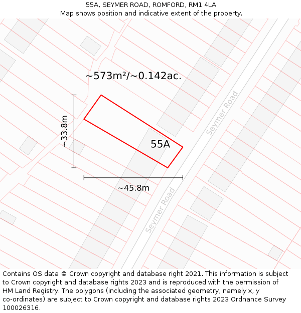 55A, SEYMER ROAD, ROMFORD, RM1 4LA: Plot and title map