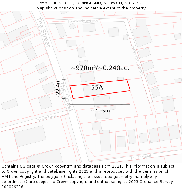 55A, THE STREET, PORINGLAND, NORWICH, NR14 7RE: Plot and title map