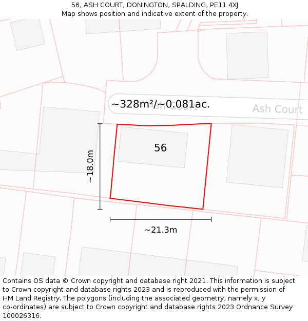 56, ASH COURT, DONINGTON, SPALDING, PE11 4XJ: Plot and title map