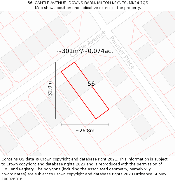 56, CANTLE AVENUE, DOWNS BARN, MILTON KEYNES, MK14 7QS: Plot and title map