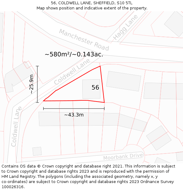 56, COLDWELL LANE, SHEFFIELD, S10 5TL: Plot and title map