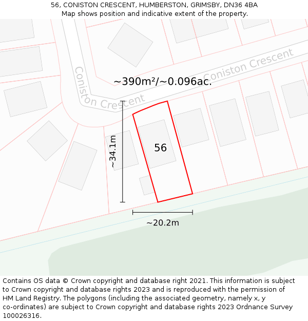 56, CONISTON CRESCENT, HUMBERSTON, GRIMSBY, DN36 4BA: Plot and title map