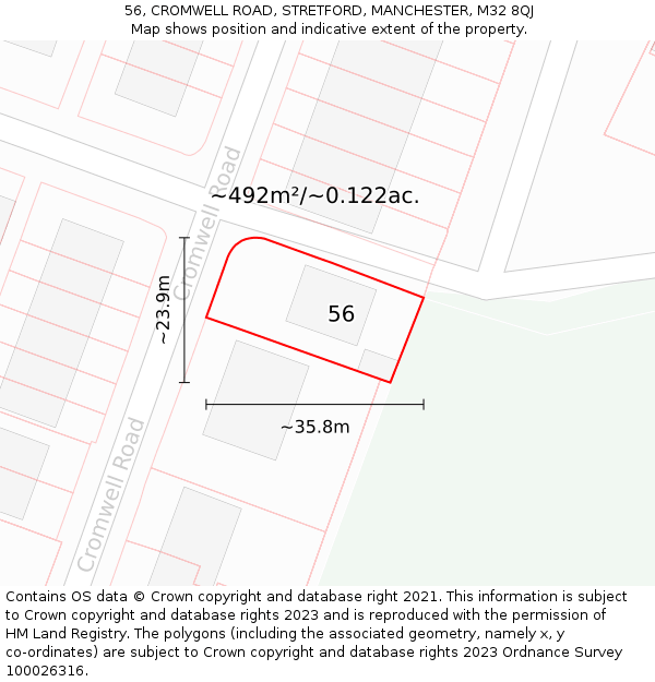 56, CROMWELL ROAD, STRETFORD, MANCHESTER, M32 8QJ: Plot and title map