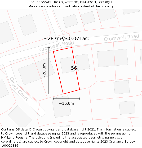 56, CROMWELL ROAD, WEETING, BRANDON, IP27 0QU: Plot and title map