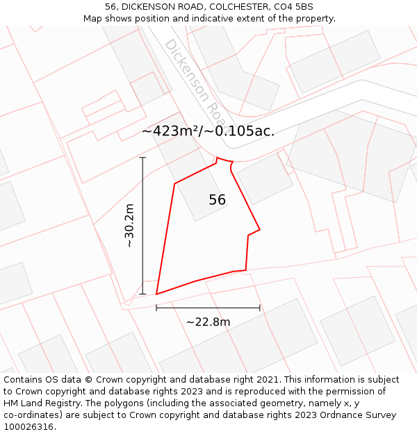 56, DICKENSON ROAD, COLCHESTER, CO4 5BS: Plot and title map