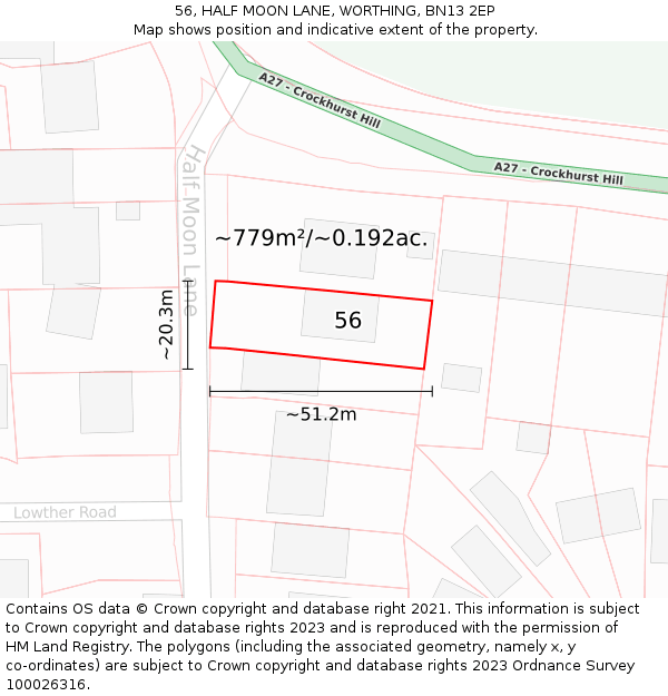 56, HALF MOON LANE, WORTHING, BN13 2EP: Plot and title map