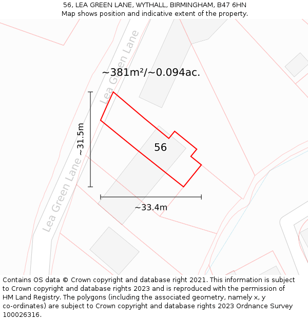 56, LEA GREEN LANE, WYTHALL, BIRMINGHAM, B47 6HN: Plot and title map