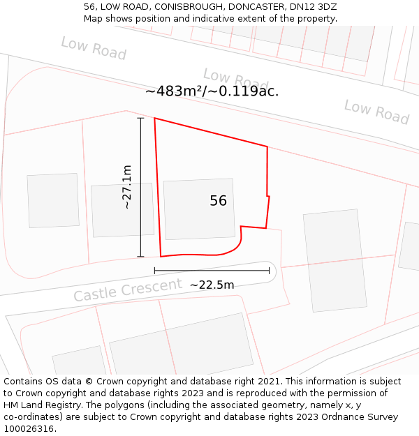 56, LOW ROAD, CONISBROUGH, DONCASTER, DN12 3DZ: Plot and title map