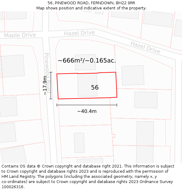 56, PINEWOOD ROAD, FERNDOWN, BH22 9RR: Plot and title map