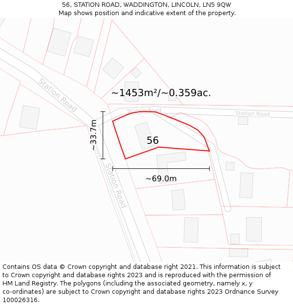 56, STATION ROAD, WADDINGTON, LINCOLN, LN5 9QW: Plot and title map