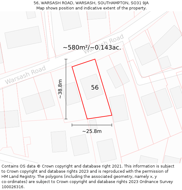 56, WARSASH ROAD, WARSASH, SOUTHAMPTON, SO31 9JA: Plot and title map