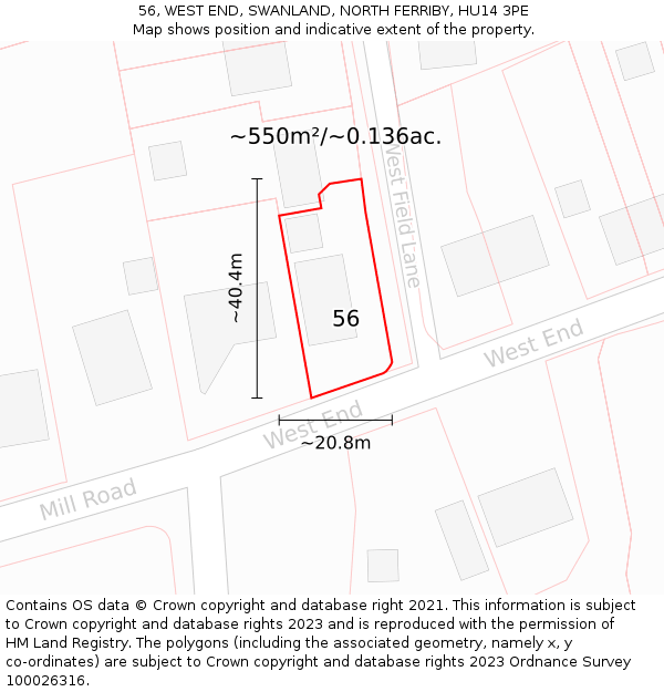 56, WEST END, SWANLAND, NORTH FERRIBY, HU14 3PE: Plot and title map