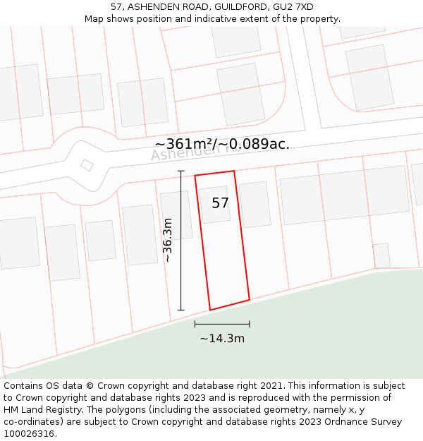 57, ASHENDEN ROAD, GUILDFORD, GU2 7XD: Plot and title map