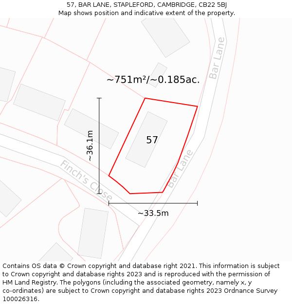 57, BAR LANE, STAPLEFORD, CAMBRIDGE, CB22 5BJ: Plot and title map