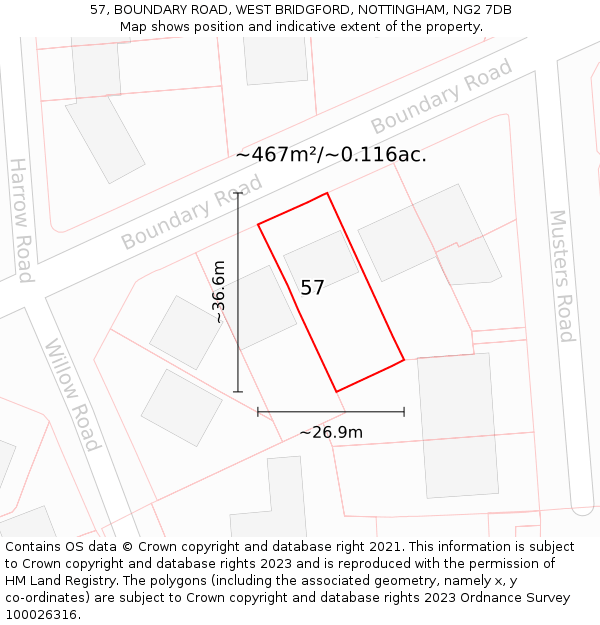 57, BOUNDARY ROAD, WEST BRIDGFORD, NOTTINGHAM, NG2 7DB: Plot and title map