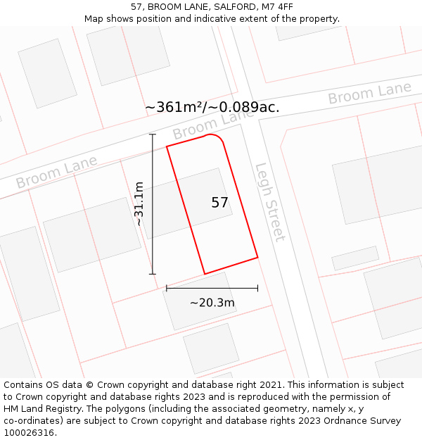 57, BROOM LANE, SALFORD, M7 4FF: Plot and title map