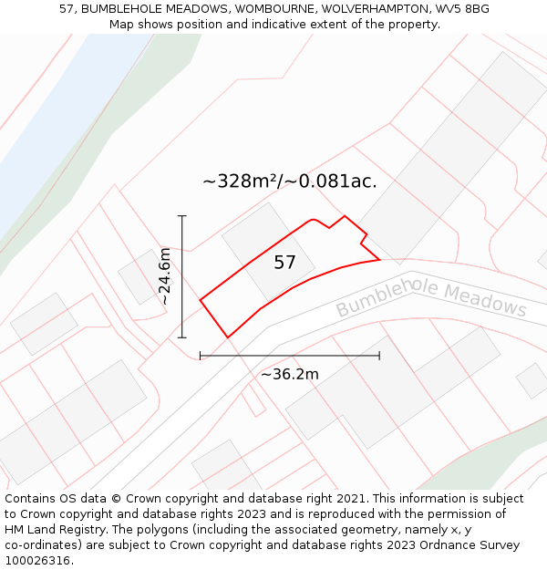 57, BUMBLEHOLE MEADOWS, WOMBOURNE, WOLVERHAMPTON, WV5 8BG: Plot and title map