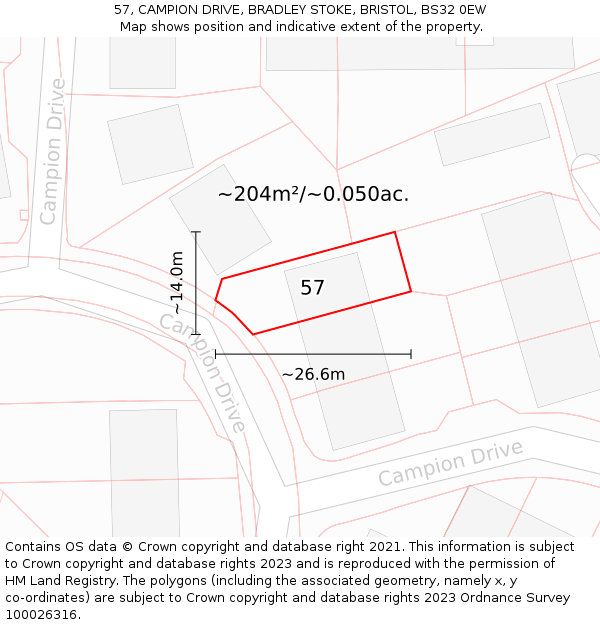 57, CAMPION DRIVE, BRADLEY STOKE, BRISTOL, BS32 0EW: Plot and title map