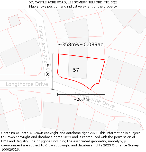 57, CASTLE ACRE ROAD, LEEGOMERY, TELFORD, TF1 6QZ: Plot and title map