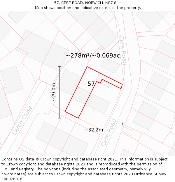 57, CERE ROAD, NORWICH, NR7 8LH: Plot and title map