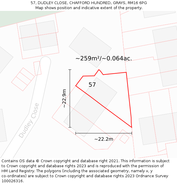 57, DUDLEY CLOSE, CHAFFORD HUNDRED, GRAYS, RM16 6PG: Plot and title map