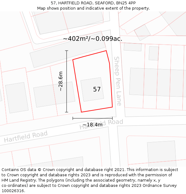 57, HARTFIELD ROAD, SEAFORD, BN25 4PP: Plot and title map