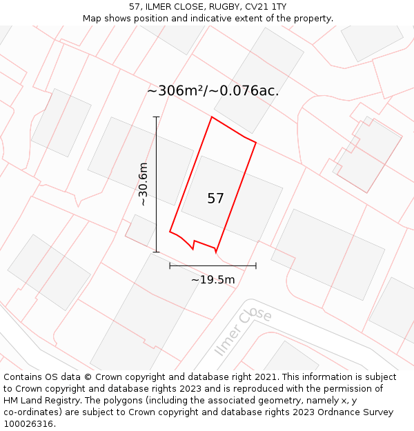 57, ILMER CLOSE, RUGBY, CV21 1TY: Plot and title map