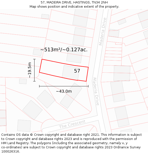 57, MADEIRA DRIVE, HASTINGS, TN34 2NH: Plot and title map