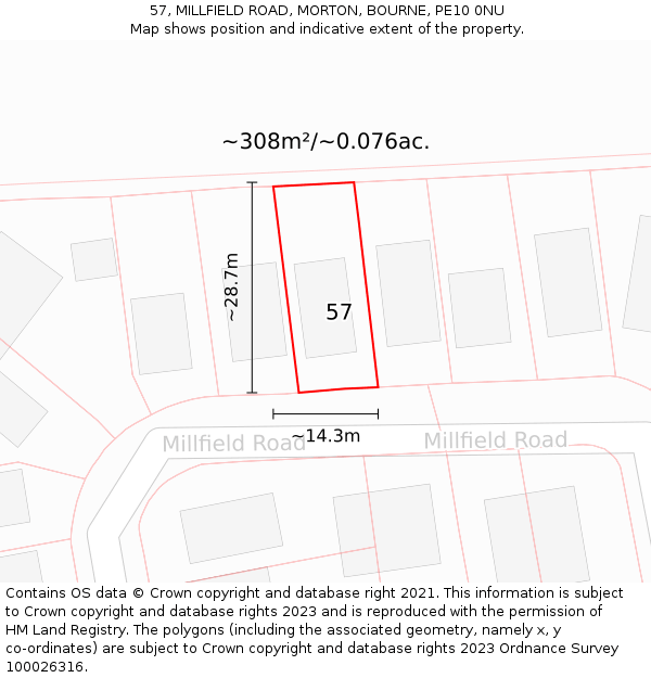 57, MILLFIELD ROAD, MORTON, BOURNE, PE10 0NU: Plot and title map