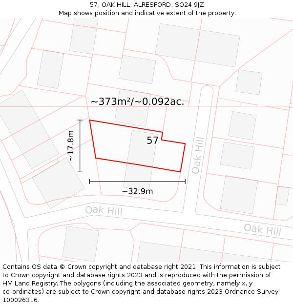 57, OAK HILL, ALRESFORD, SO24 9JZ: Plot and title map