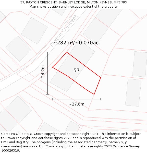 57, PAXTON CRESCENT, SHENLEY LODGE, MILTON KEYNES, MK5 7PX: Plot and title map