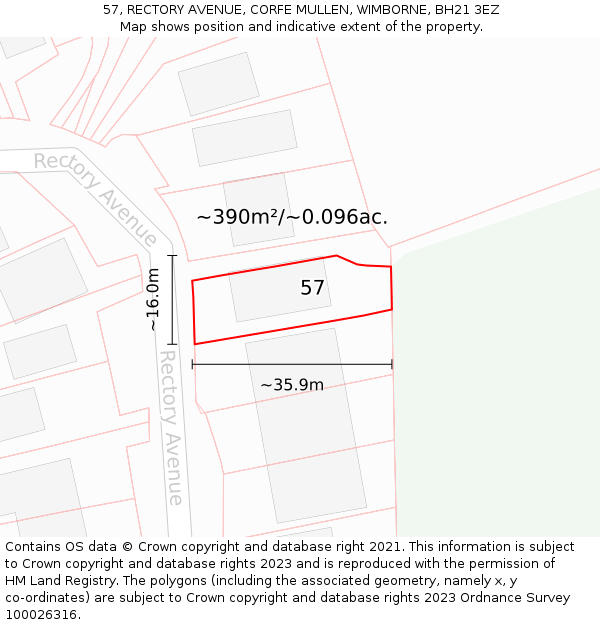 57, RECTORY AVENUE, CORFE MULLEN, WIMBORNE, BH21 3EZ: Plot and title map