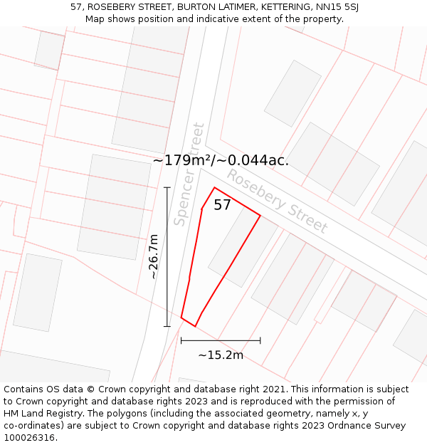 57, ROSEBERY STREET, BURTON LATIMER, KETTERING, NN15 5SJ: Plot and title map