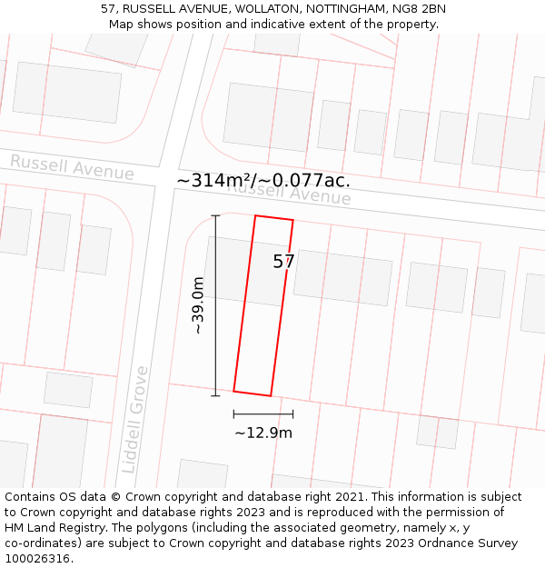 57, RUSSELL AVENUE, WOLLATON, NOTTINGHAM, NG8 2BN: Plot and title map