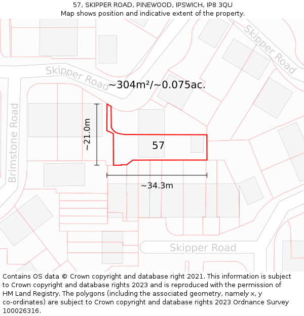 57, SKIPPER ROAD, PINEWOOD, IPSWICH, IP8 3QU: Plot and title map