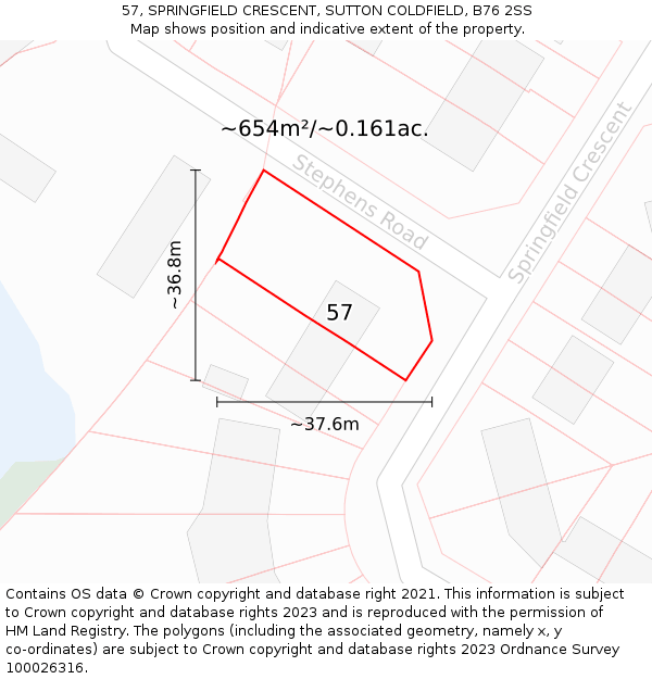 57, SPRINGFIELD CRESCENT, SUTTON COLDFIELD, B76 2SS: Plot and title map