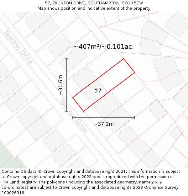 57, TAUNTON DRIVE, SOUTHAMPTON, SO18 5BW: Plot and title map